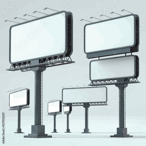 Collection of blank outdoor billboards of various sizes on grey background