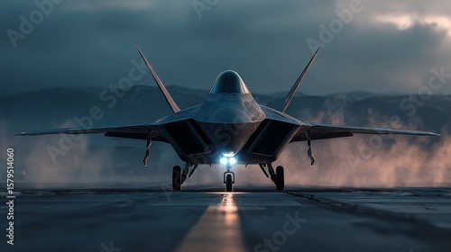 Wallpaper Mural A fighter jet, featuring advanced design and aerospace engineering technology, a night vision camera, and red lights on the wings. Ready for takeoff from a foggy airfield. A concept of military power. Torontodigital.ca