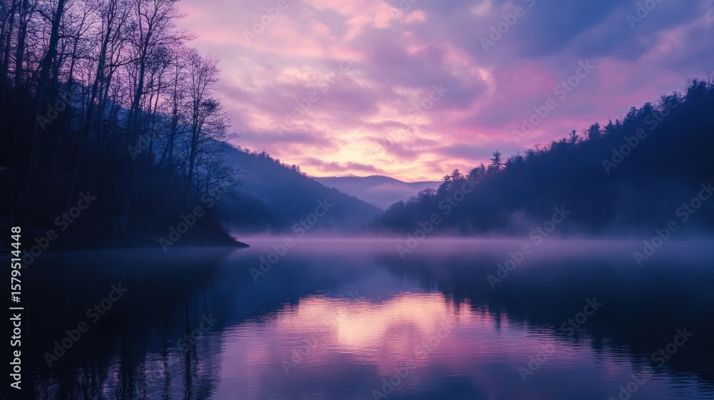 Fototapeta premium Serene twilight landscape a calm lake reflects a vibrant purple and pink sunset sky over a misty valley nestled between dark, silhouetted hills