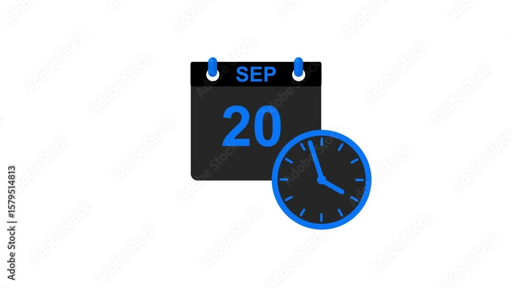 September month 20 date calendar icon clock royal blue color animation ...