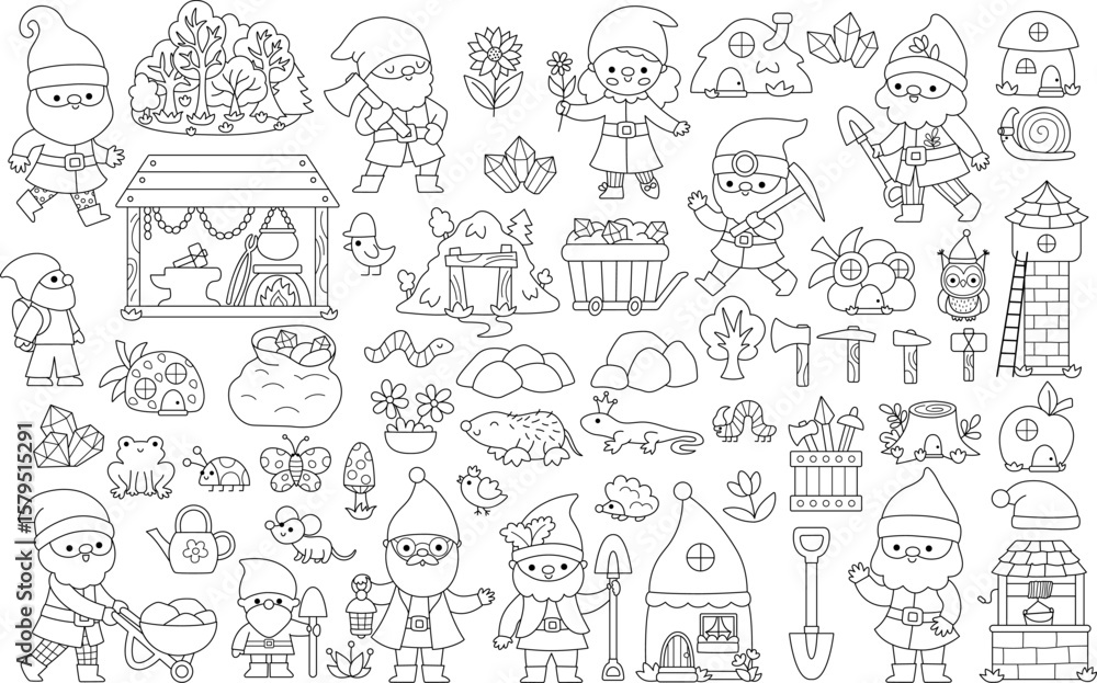 Fototapeta premium Vector black and white dwarf clipart set. Cute gnome line icons collection. Fairytale character illustrations, coloring page. Magic creature pack with garden, mining, blacksmith elves