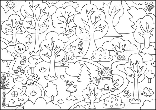 Vector black and white empty forest background. Cute woodland landscape. Line scene with woods, trees, bushes, path, houses, animals. Fairytale world or story book illustration, coloring page