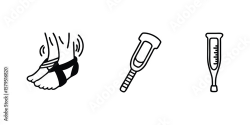 Set of 3 black and white icons of foot with ankle support, nail file, and nail buffer