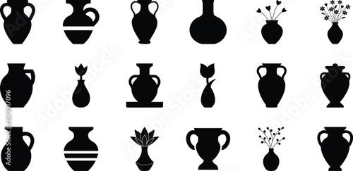 Vase silhouette set, vase vector collection, diverse vase designs, ancient, ceramic, potter, amphora. Antique vases symbols vectors on transparent background.