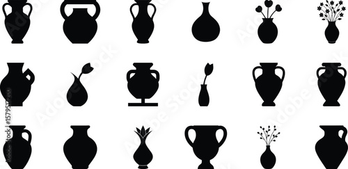 Vase silhouette set, vase vector collection, diverse vase designs, ancient, ceramic, potter, amphora. Antique vases symbols vectors on transparent background.