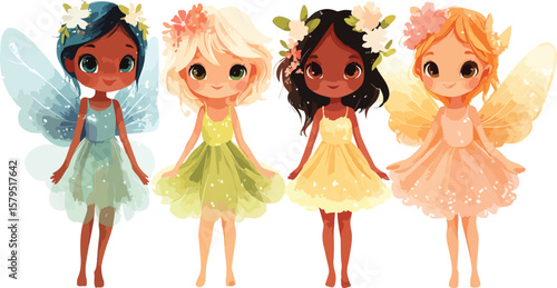 Four Diverse Little Fairies in Pastel Dresses