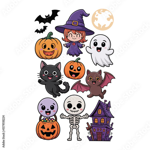A set of 8 chibi anime-style Halloween characters, including a pumpkin, witch, ghost, black cat, bat, candy bucket, skeleton and haunted house - perfect for spooky-but-sweet designs.