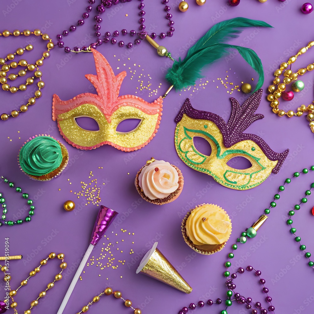 Fototapeta premium Mardi Gras Masks Beads Cupcakes Purple Background