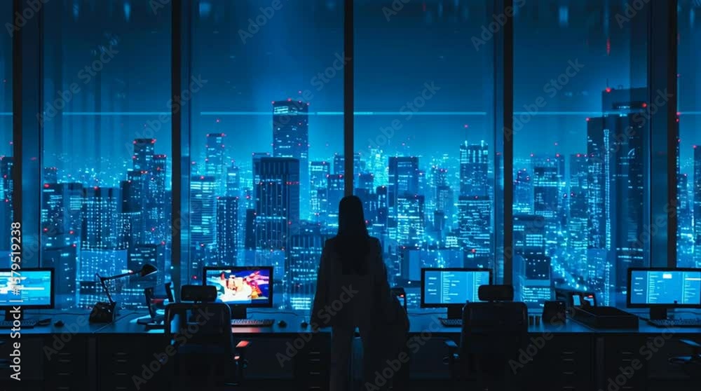 A video scene of a person in a high-rise office at night, gazing out at a glowing blue city skyline through large windows. Computer screens and city lights create a modern, tech-driven atmosphere. A video scene of a person in a high-rise office at night, gazing out at a glowing blue city skyline through large windows. Computer screens and city lights create a modern, tech-driven atmosphere.