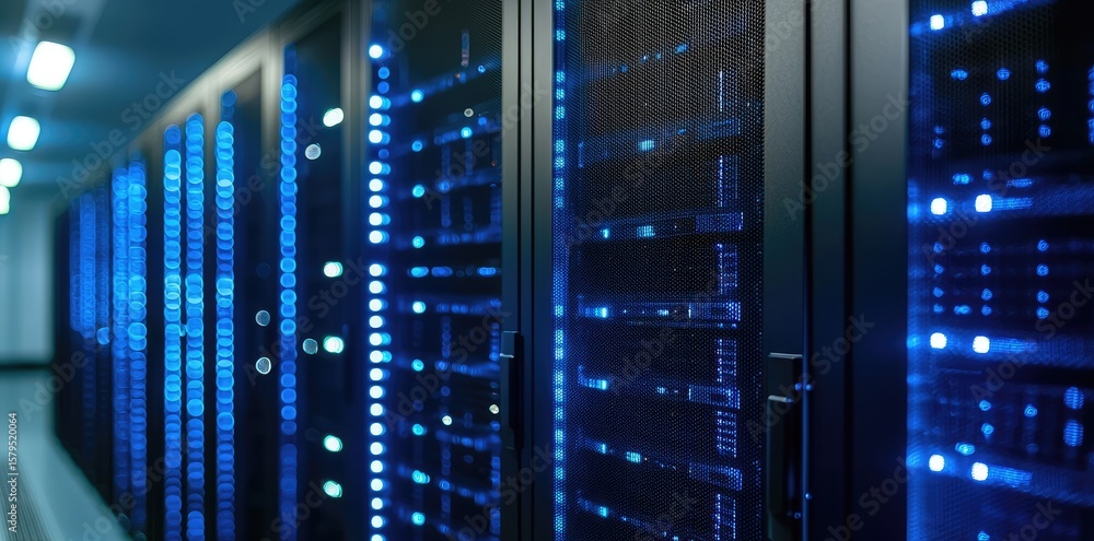 Obraz premium Rows of modern server racks glowing with blue LED lights in a secure data center environment, symbolizing digital infrastructure, networking, storage, and advanced IT systems