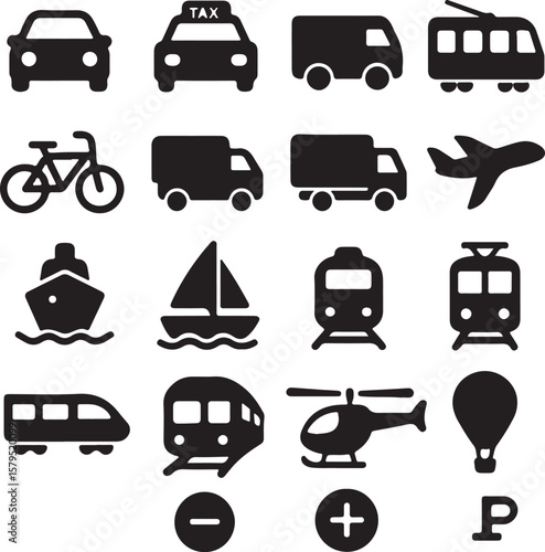Transportation and Travel Solid Icon Set isolated on white background