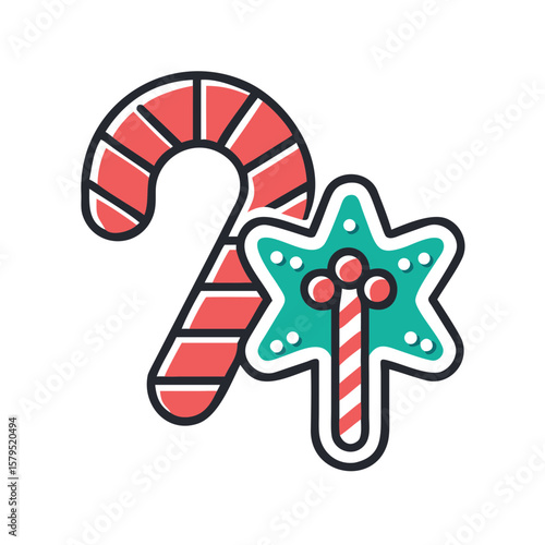 Candy cane and star-shaped lollipop in festive colors for Christmas  