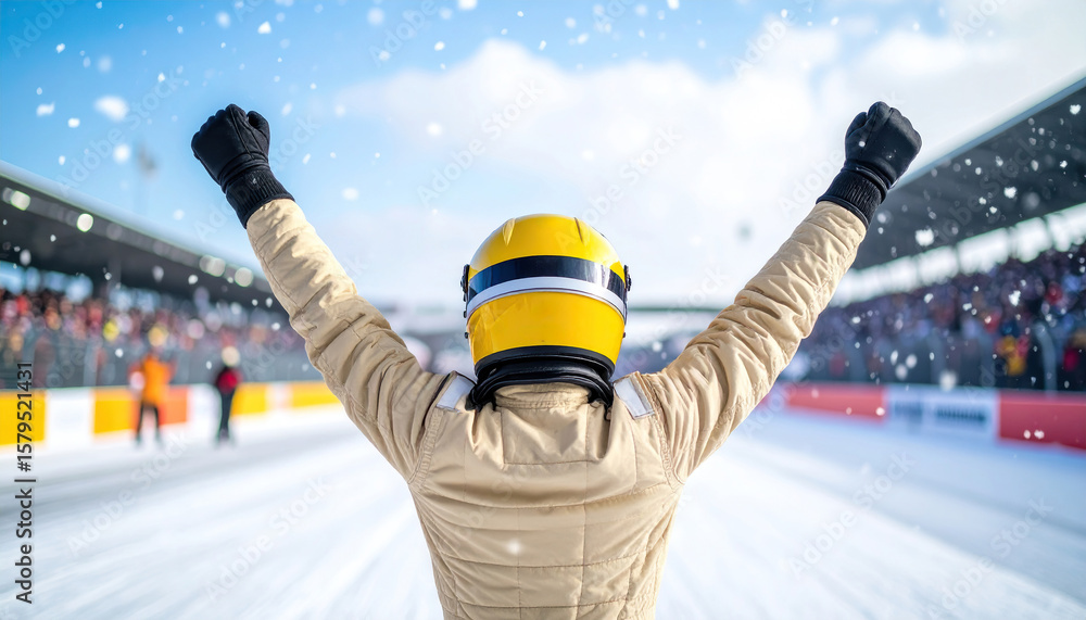 Fototapeta premium Victorious racer celebrating win with arms raised on snowy winter day.