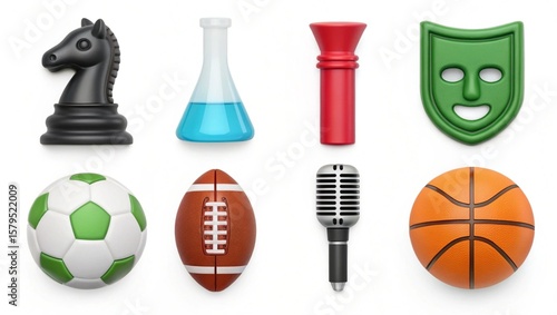 Diverse collection of objects: chess, flask, microphone, sports balls, and theatrical mask presented beautifully