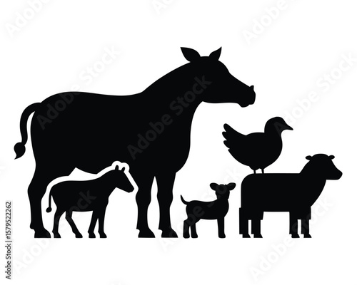 Horse and Foal Standing Together – Animal Family Silhouette Vector Illustration