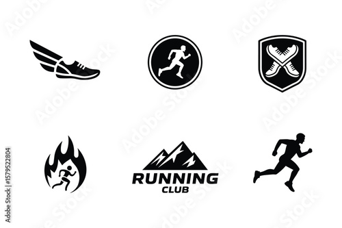 Winged shoe running man fire mountain and crossed shoes logos runner sneaker