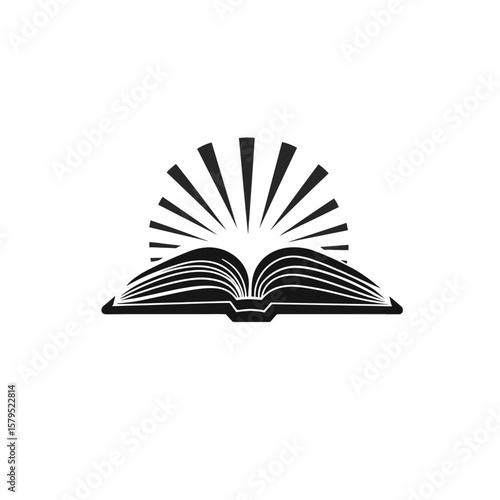 Open book with rays of light symbolizing knowledge and inspiration in a minimalist design