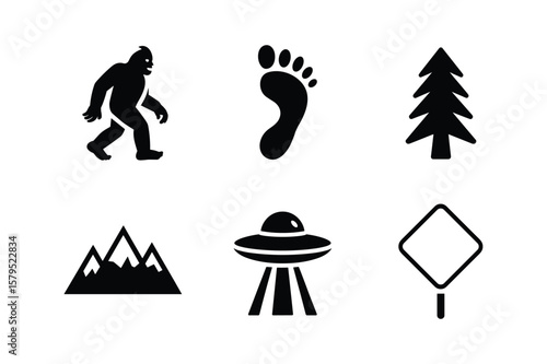 Bigfoot footprint tree mountains U F O sign silhouette