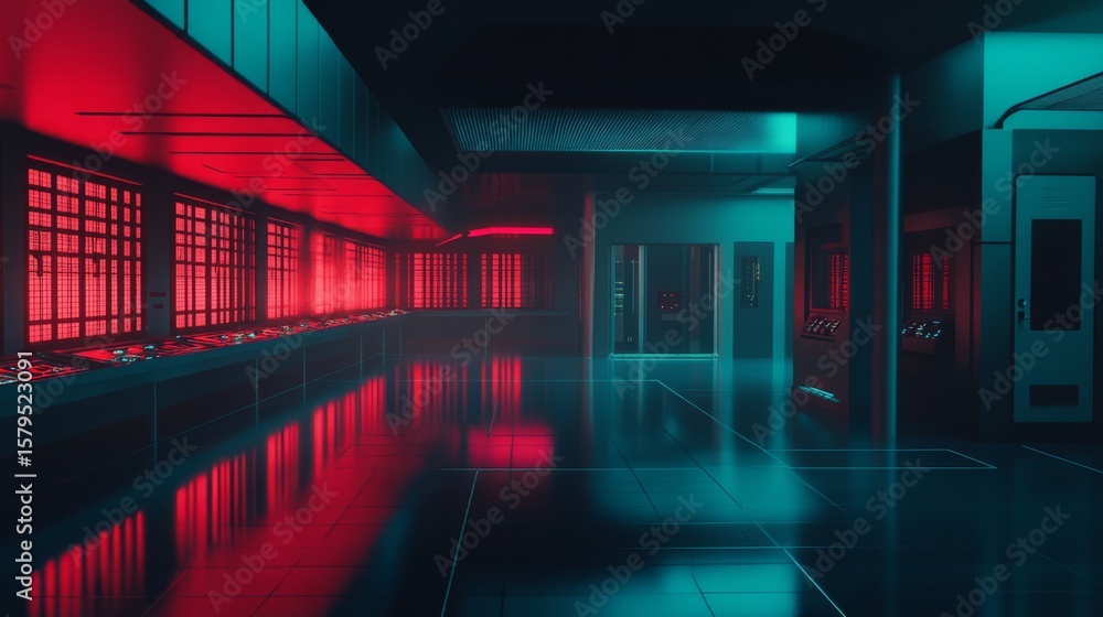 Fototapeta premium Spaceship interior. View on open space or planet. Futuristic sci-fi laboratory or corridor with neon light.