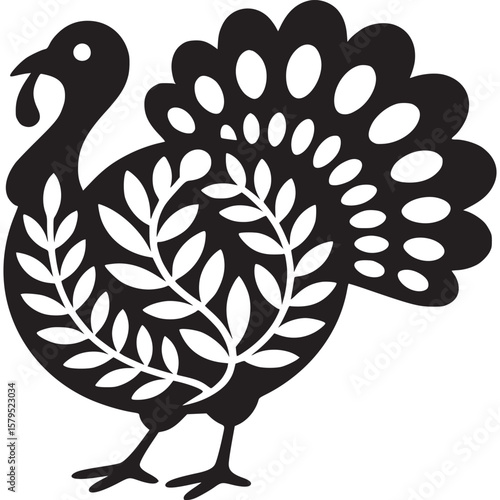 Stylized black and white turkey illustration with leaf details and patterned tail feathers design on transparent background