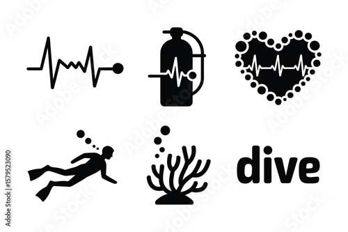 Heartbeat electrocardiogram scuba diver coral reef bubbles and word dive silhouette