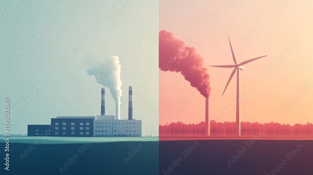 Obraz premium Clean vs Dirty Energy: Juxtaposition of Wind Turbine and Factory Emissions.