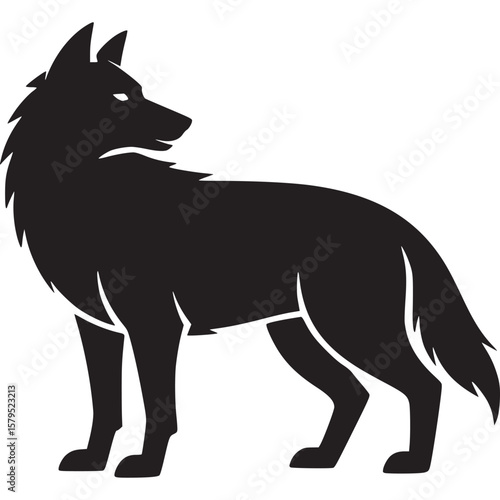 A silhouette of a wolf standing on all fours looking to the side against a light gray background on transparent background