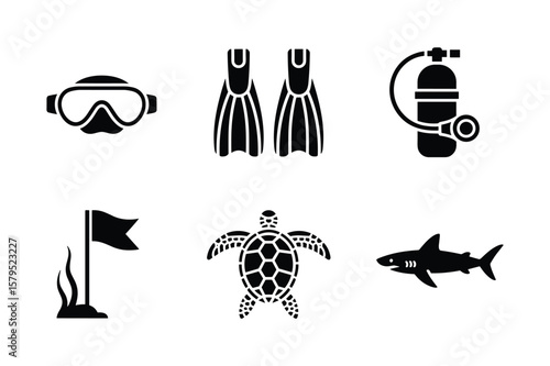 Scuba diving equipment aquatic life and marker flag scuba mask fins