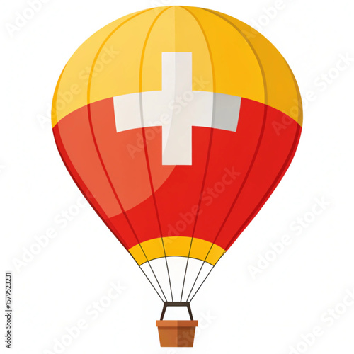 Swiss aerostat hot air balloon, red yellow, Swiss flag, vector icon, holiday, sport, recreation, isolated