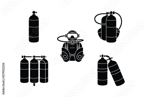 Scuba diving equipment silhouettes air tanks oxygen tanks