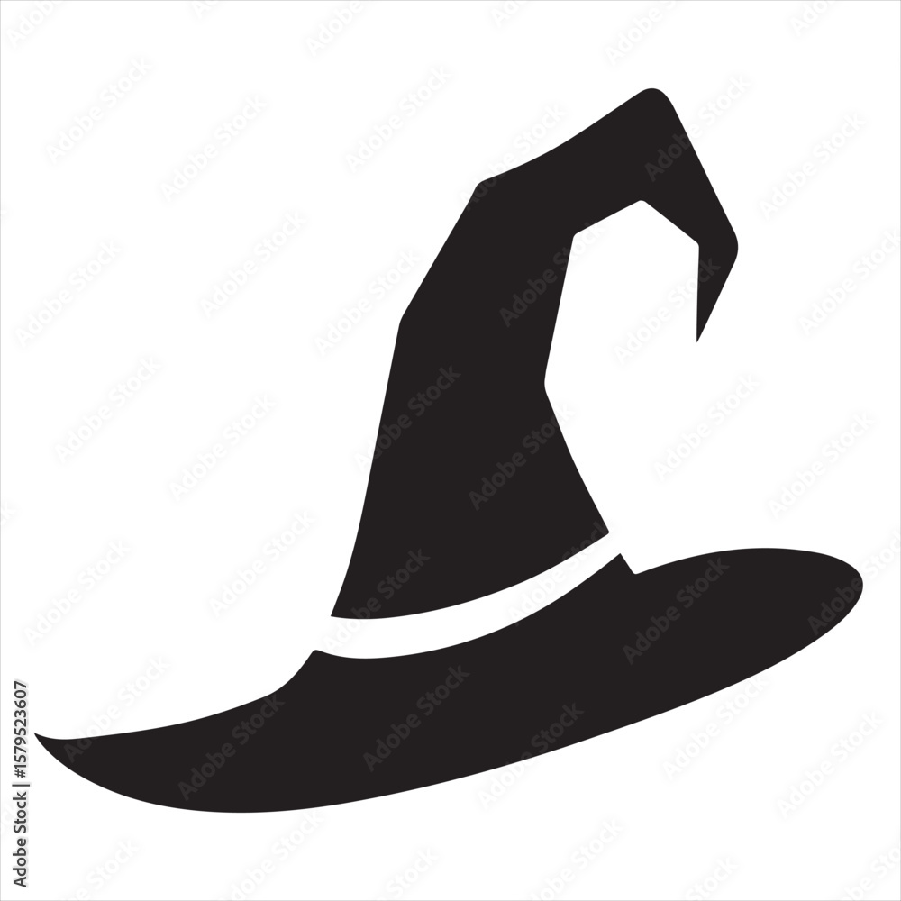 Naklejka premium Silhouette Style Vector Illustration of a Classic Witch Hat Logo Design – Halloween, Magic, Sorcery, Wizardry, Costume Icon, Isolated Black Graphic for Branding and Print