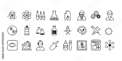 Comprehensive Set of 27 Chemistry and Laboratory Safety Line Icons and Symbols Featuring Essential Equipment and Hazard Warnings on Transparent Background