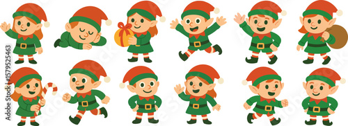 Christmas Elves Cartoon Set – Cute Vector Collection of Santa’s Helpers in Festive Actions