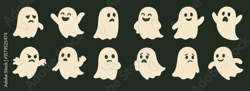 Cute Cartoon Ghosts – Halloween Vector Set of Spooky and Funny Ghost Characters with Emotions