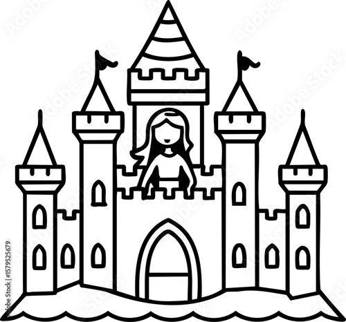 Princess castle tower moat fairy tale medieval fantasy architecture flag silhouette line art asset