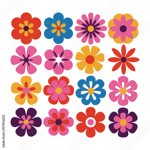 Retro flowers pattern in bold colors on white background
