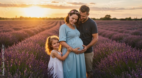 Pregnant woman and family enjoying lavender field at sunset  