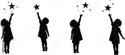 Silhouette of Children Reaching for the Stars Aspiration and Dreams Concept Whimsical Childlike Illustration
