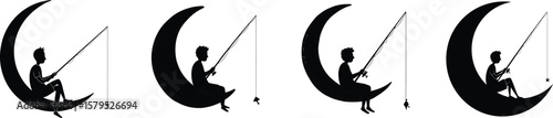 A Whimsical Celestial Scene Four Silhouettes of Individuals Fishing from Crescent Moons a Dreamy Ethereal Ambiance in Black and White