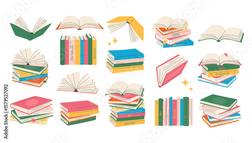 Books set. Flat style book stack, open book. Reading studying and learning. Back to school.