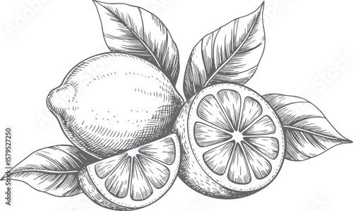 Vintage hand drawn lemon with half slice, wedge, and leaves.