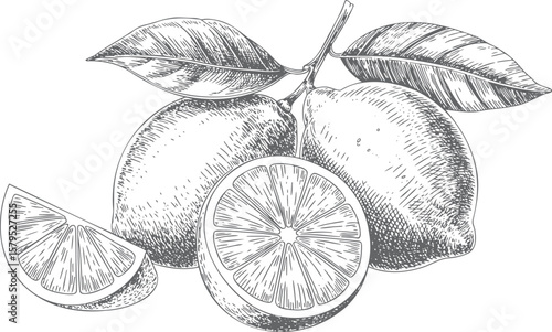 Vintage hand drawn lemon with half slice, wedge, and leaves.
