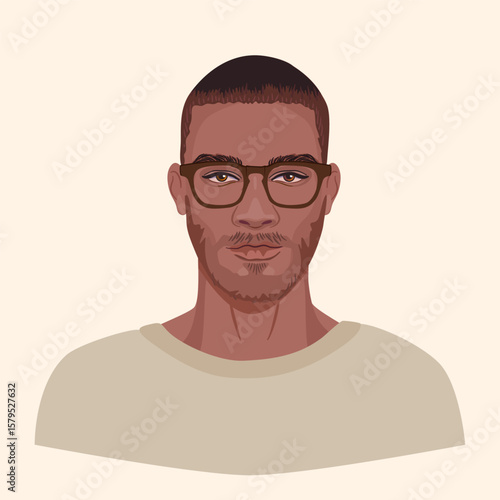 A portrait of handsome African male in glasses with stubble and short hair Detailed illustration of man face.