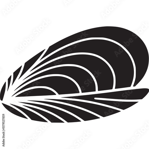 A minimalist graphic illustration of a black mussel shell with white lines on a white background on transparent background