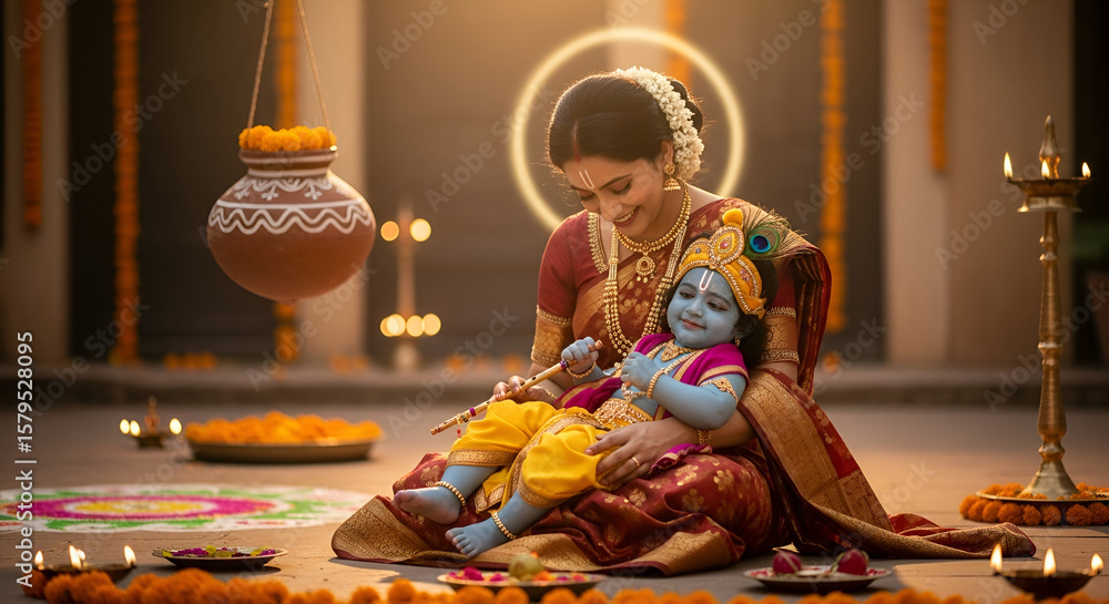 Fototapeta premium Janmashtami Celebration – Yashoda with Baby Krishna Sitting on Courtyard with Rangoli and Dahi Handi Decor
