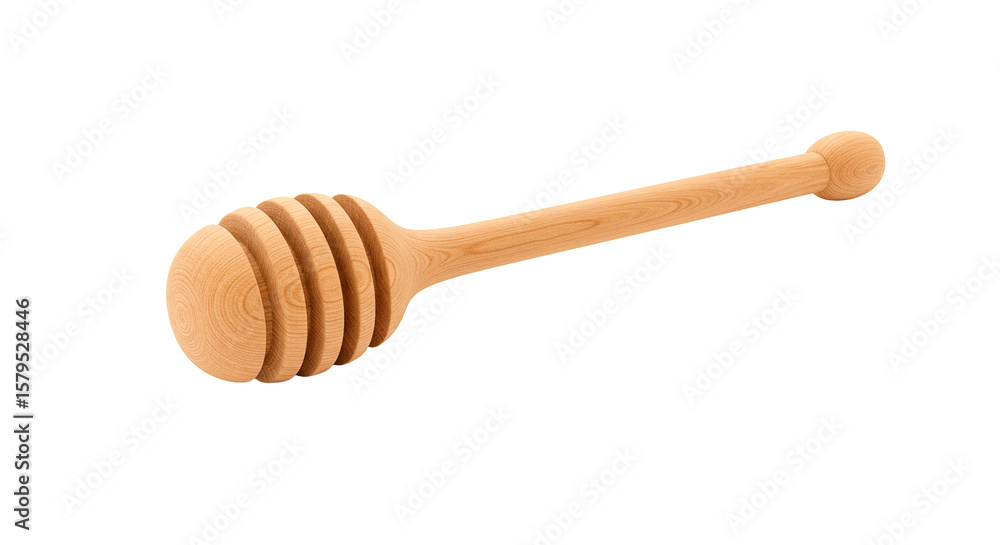 Close up of a wooden honey dipper with a round handle on a black background in a studio setting Close up of a wooden honey dipper with a round handle on a black background in a studio setting