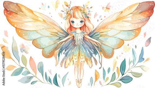 Watercolor Illustration of a Cute Fairy with Wings and Floral Accents