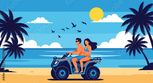 Adobe illustrator vector flat style illustration of a romantic couple riding an ATV on a vibrant summer beach, with palm tree silhouettes, ocean waves. perfect for adventurous holiday themes