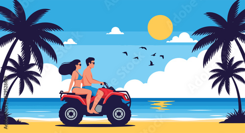 Adobe illustrator vector flat style illustration of a romantic couple riding an ATV on a vibrant summer beach, with palm tree silhouettes, ocean waves. perfect for adventurous holiday themes