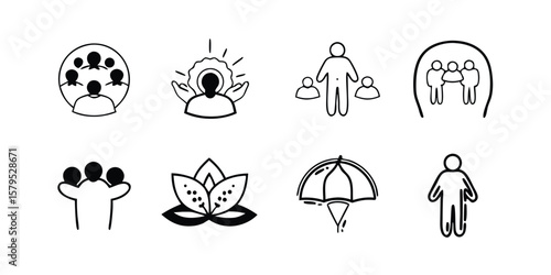 Comprehensive Mental Health and Wellness Line Icon Set for Design Projects featuring a variety of symbols related to mental wellbeing therapy and healthy lifestyle choices